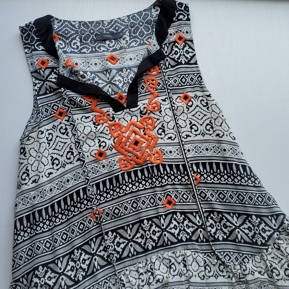 THML Black White Orange Aztec Tunic Tank M